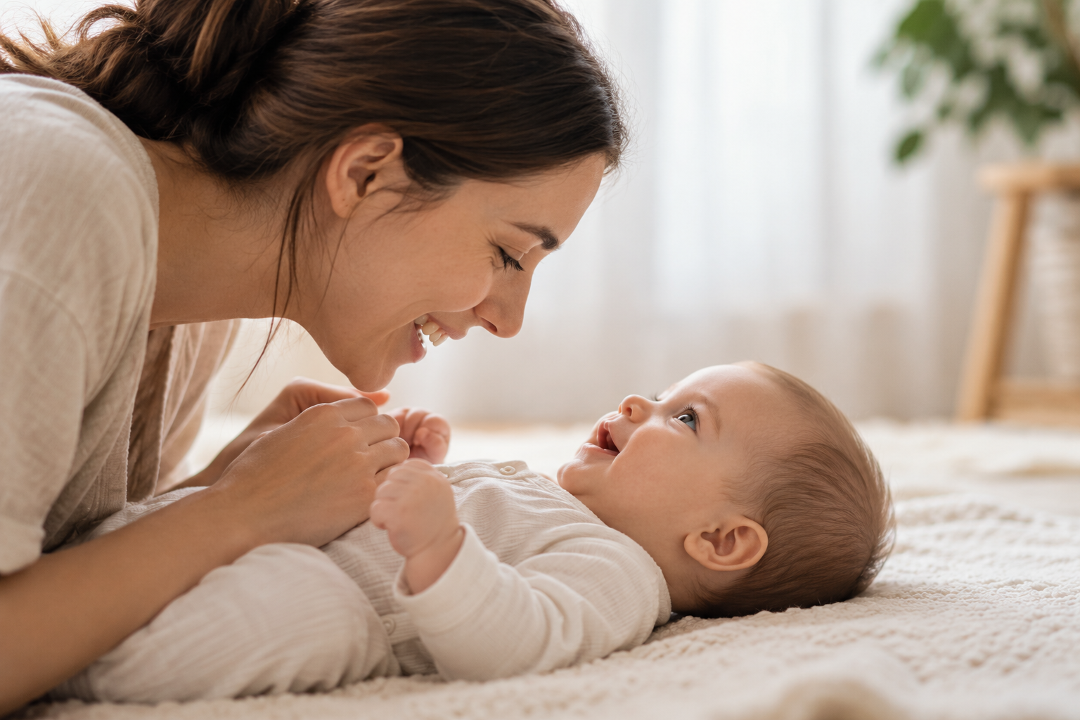 Майка общува с будно и спокойно бебе по време на игра